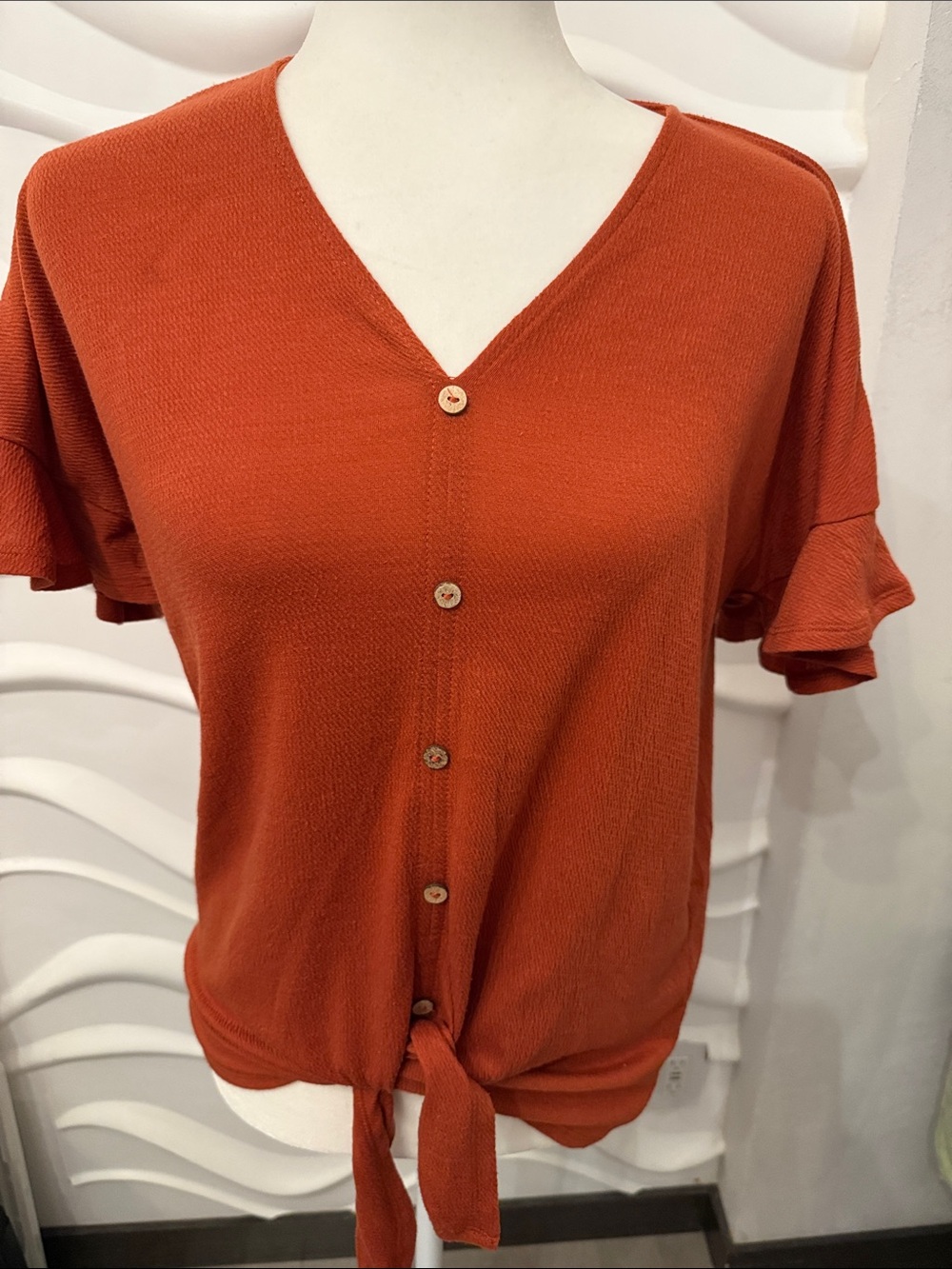 Tie-Front V-Neck Button Blouse in Rust